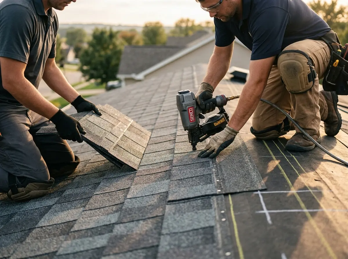 Professional roofer working on a residential roof in Port Allen